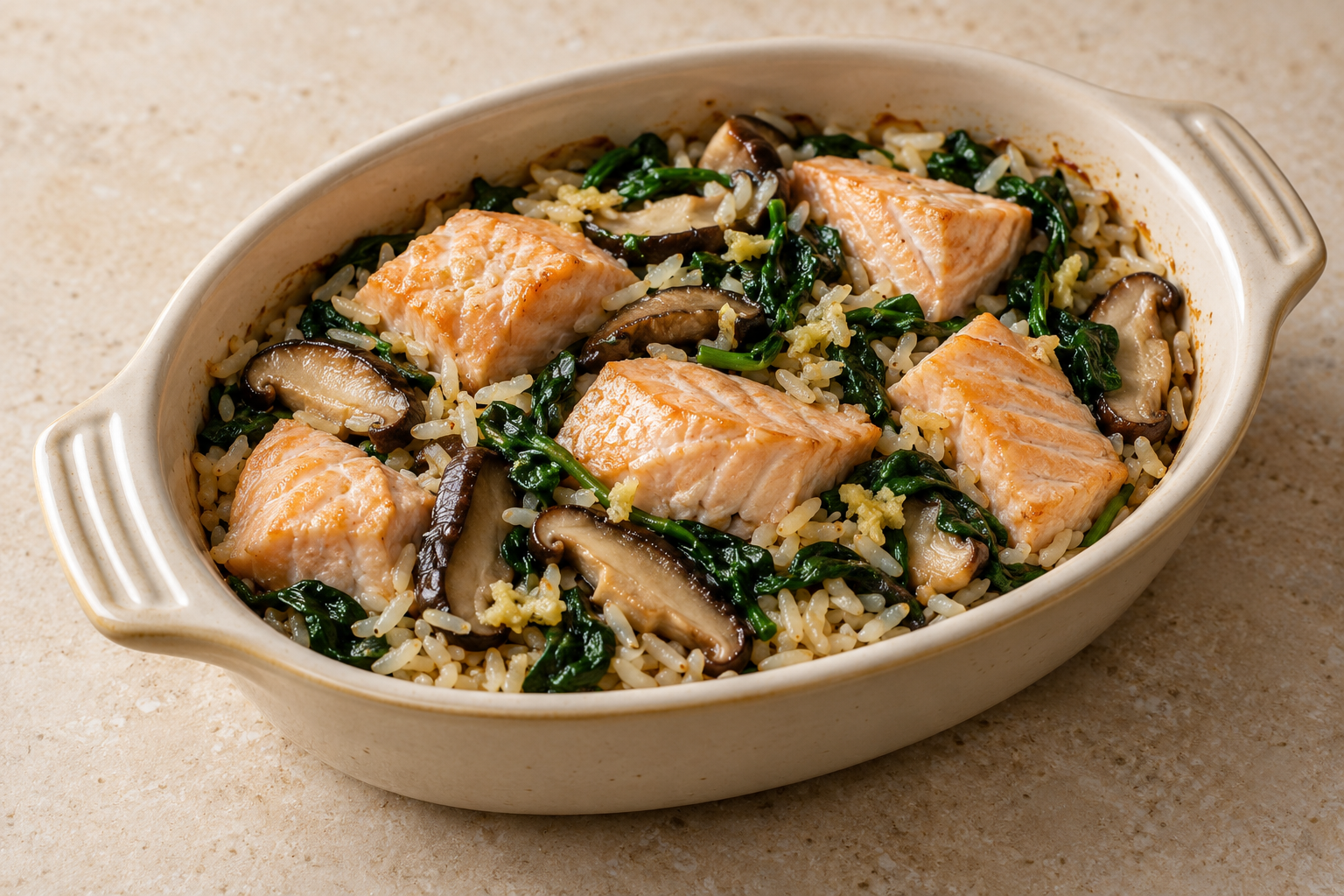 Salmon, mushroom and spinach rice bake — generated serving illustration